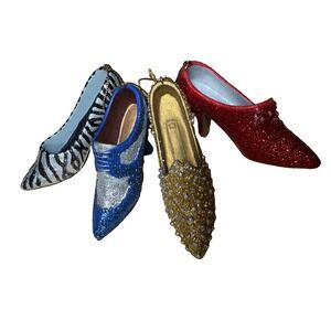 Vintage High Heel Shoe Christmas Ornaments Set 4 Glitter Jeweled Zebra Glam